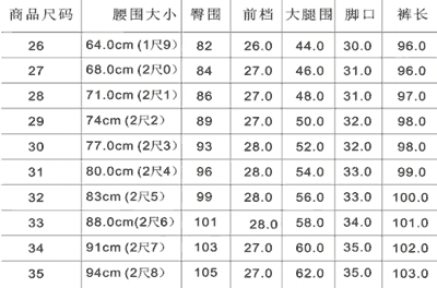 裤子码数尺寸对照表